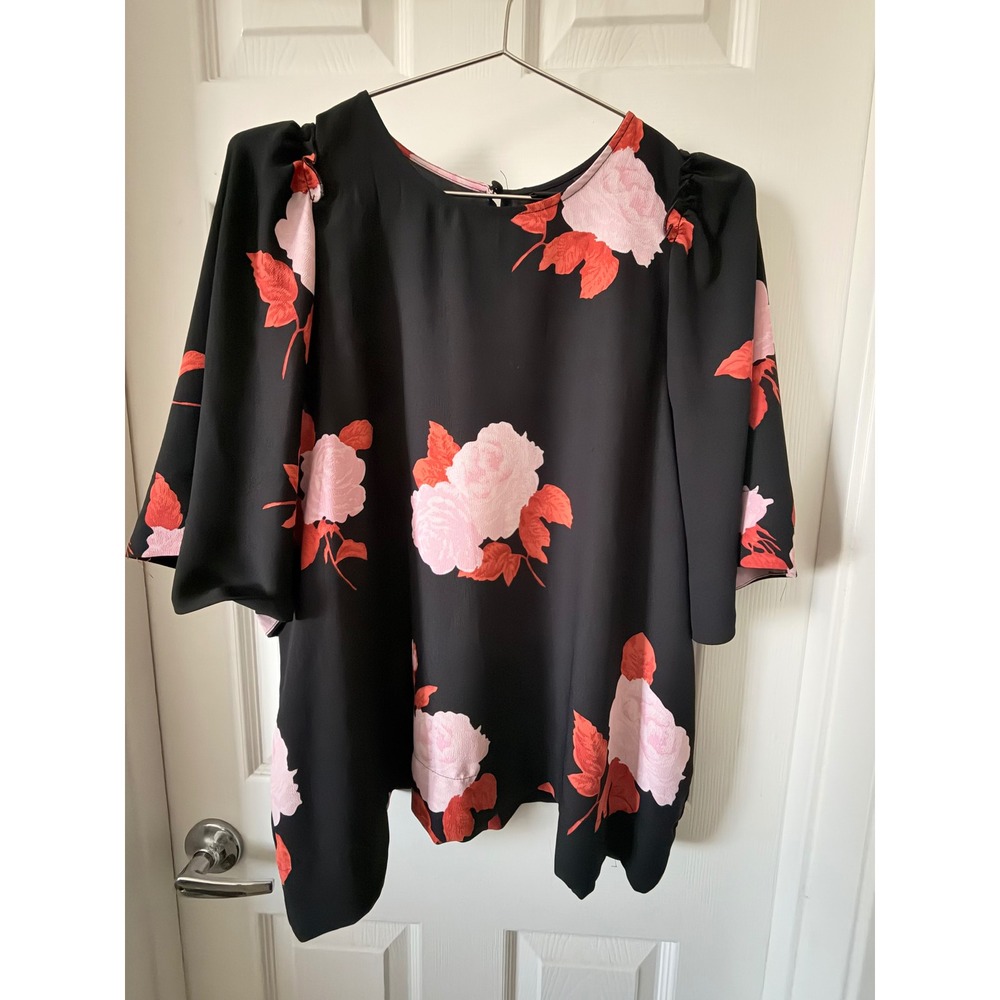 Who What Wear Pink Red Floral Puff Sleeve Blouse Black XXL